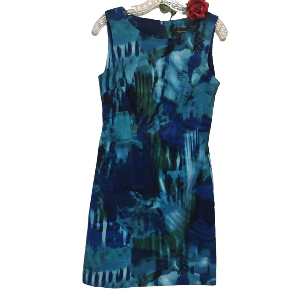 Sheath dress abstract teal back zip Sz 6 EUC Like new Connected Apparel Artsy